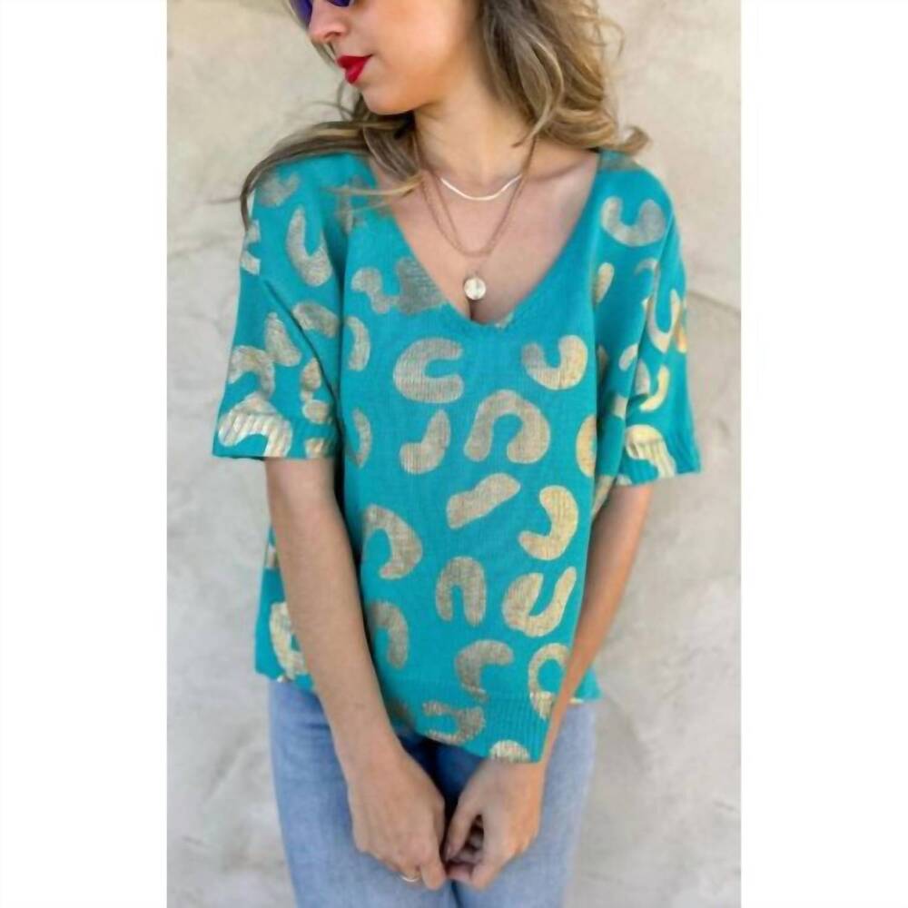 NEW AMOLI leopard knit top in turquoise gold